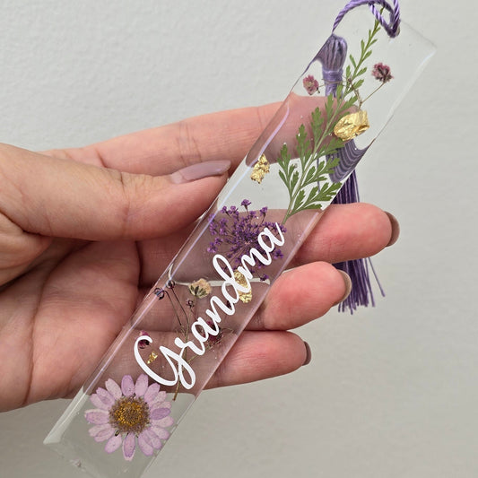 Personalised resin bookmark with flowers and tassels